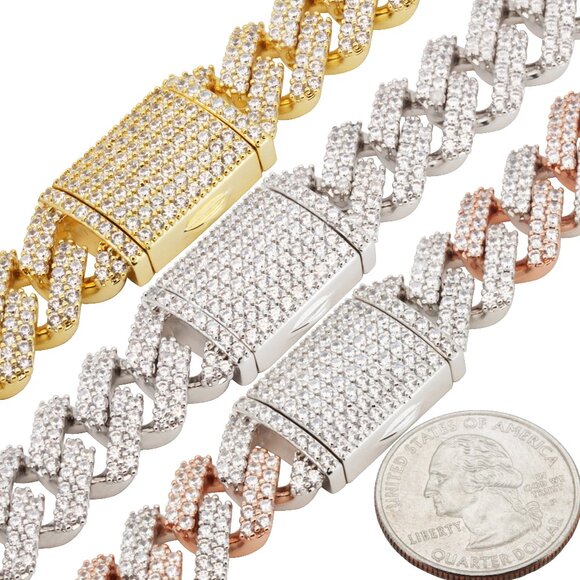 14k Yellow/White/Rose GP AA CZ 14mm Cuban Link Chain Necklace Bracelet 8.5”-24”